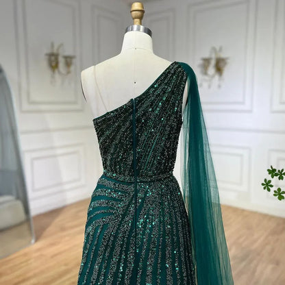 One-Shoulder Cape Sleeve Beaded Evening Dresses