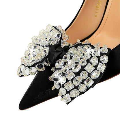 Women Pumps Rhinestone Bow High Heels in Silks and Satins