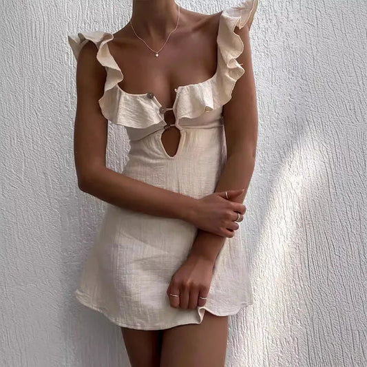 Hollow Ruffled Cotton Beach Gothic Mini Dress