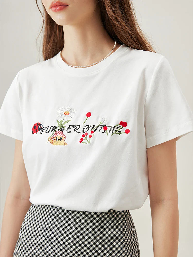 Casual Letter Embroidery White T-shirt