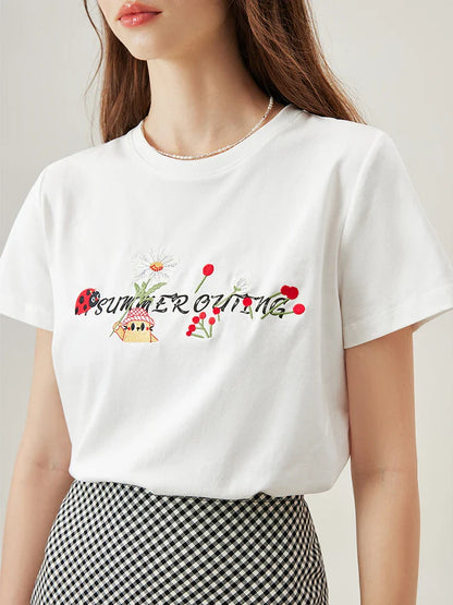 Cotton Letter Embroidery White T-shirt