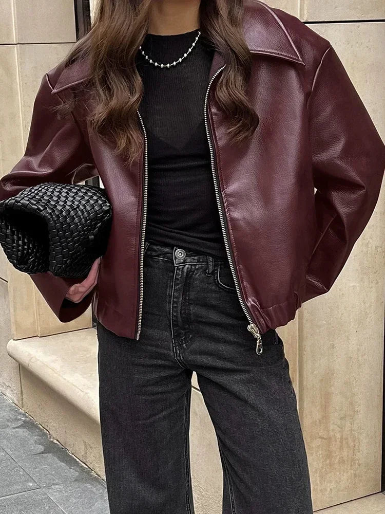 Wine PU Vintage Pocket Coat