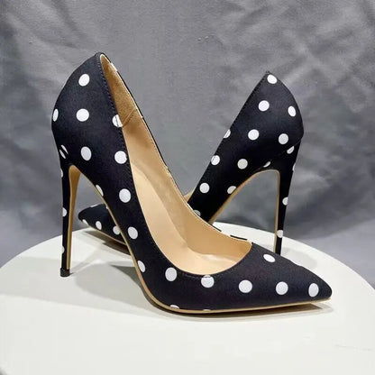 Black Satin Stiletto High Heels with Polka Dot Design