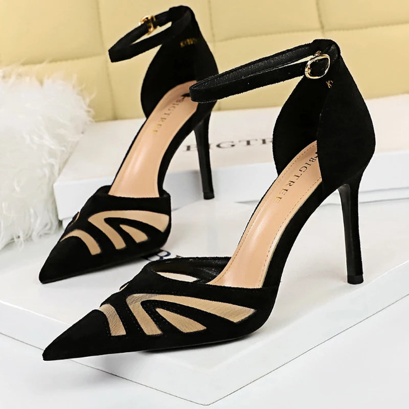 Suede High Heel Stiletto Sandals for Women - Mesh Hollow Summer Fashion