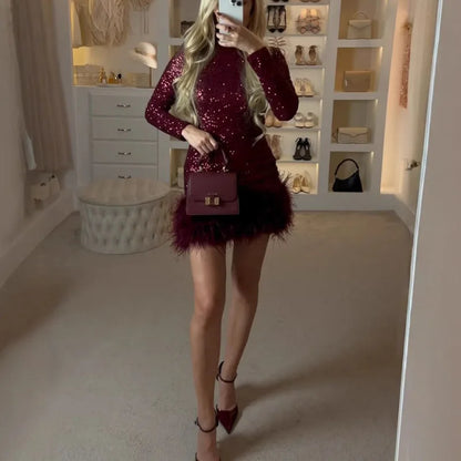 Long Sleeve Slim  Sequins Feather Dress