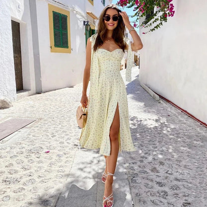 Ditsy Floral Sweetheart Bow Strap Ruched Bodice High Slit Midi Dress
