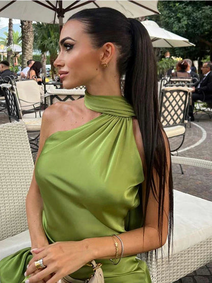 Satin Ribbon Halter Backless Maxi Dress