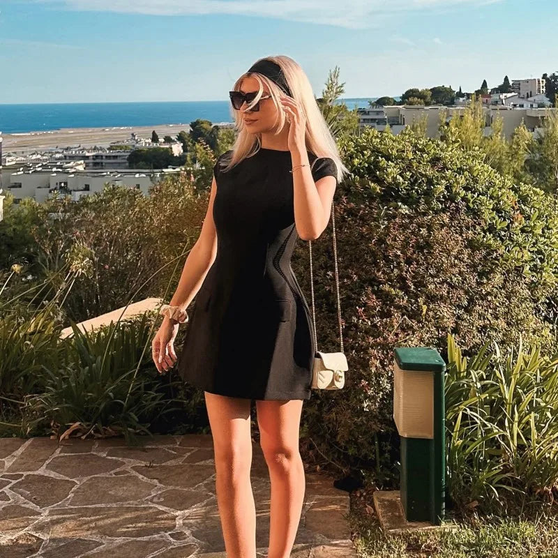 Mock Neck Cap Sleeve Structured Flap Pocket A-Line Mini Dress