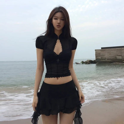 Mesh Lace Irregular Mini Skirt Two Piece Set