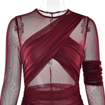 Mesh Patchwork Sheer Long Sleeve Dress