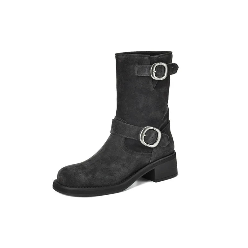| Suede Buckle Boots in Black