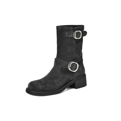 | Suede Buckle Boots in Black