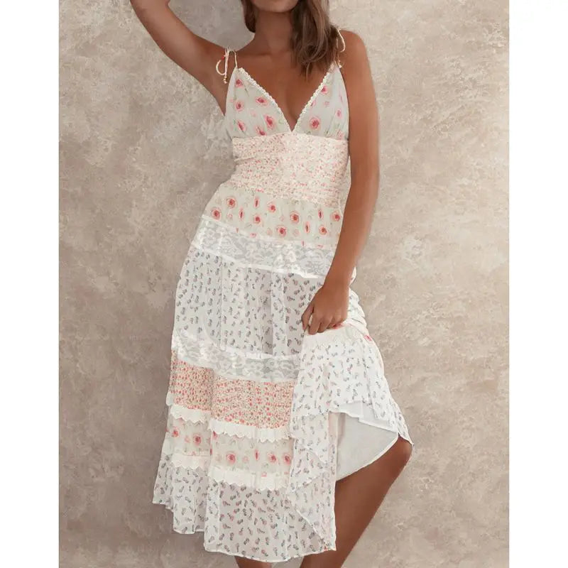 Lace Trim V-Neck Floral Vacation Dress