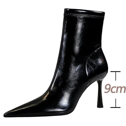 Leather High Heel Boots with Side Zipper and Warm Plush Lining for Winter