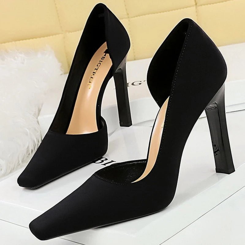 Thick Heel and Super High Heel Pumps in Silks and Satins for Women