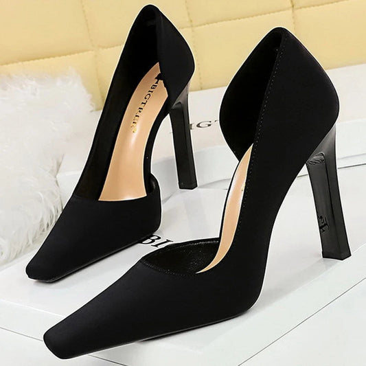Thick Heel and Super High Heel Pumps in Silks and Satins for Women