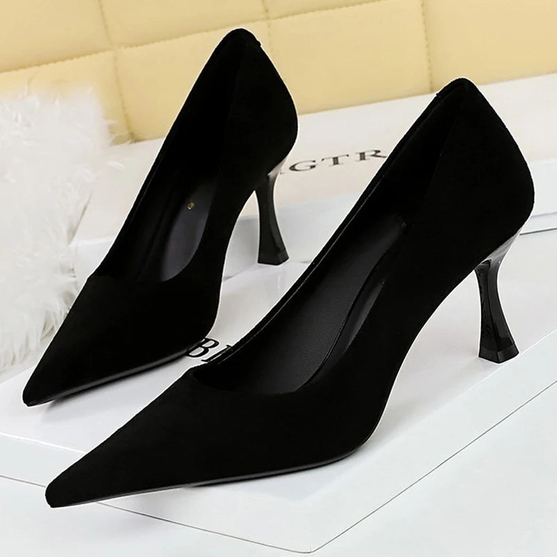Black Suede Women Pumps with Pointed Toe and High Heels, Wine Glasses Design