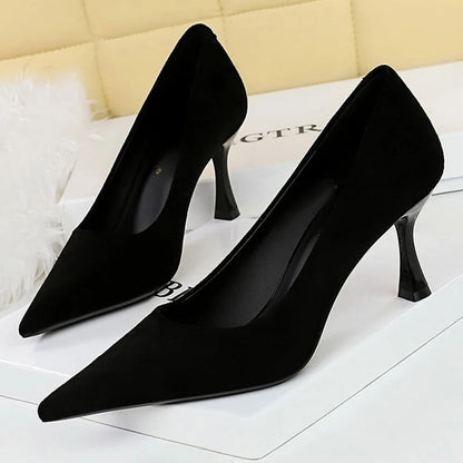 Black Suede Women Pumps with Pointed Toe and High Heels, Wine Glasses Design