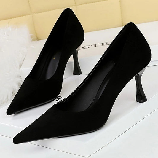 Black Suede Women Pumps with Pointed Toe and High Heels, Wine Glasses Design