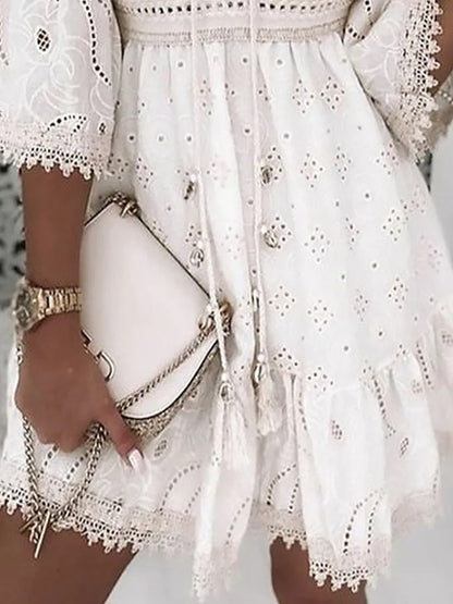 Sequin Embellished Eyelet Embroidery V-Neck Bell Sleeve Empire Waist Mini Dress