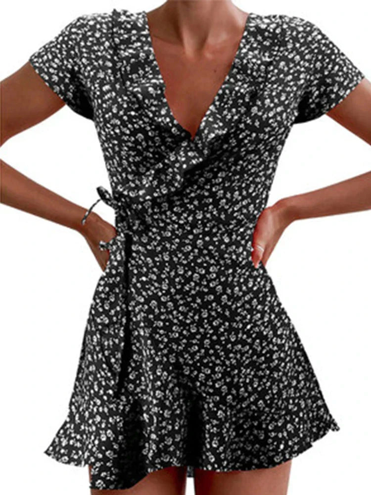 Ditsy Floral Print Wrap V-Neck Ruffle Trim Cap Sleeve Mini Dress