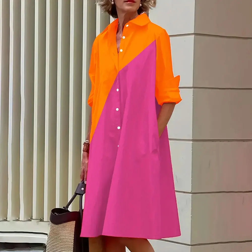 Collared Long Sleeve Button Down Patch Pocket Midi Shirt Dress