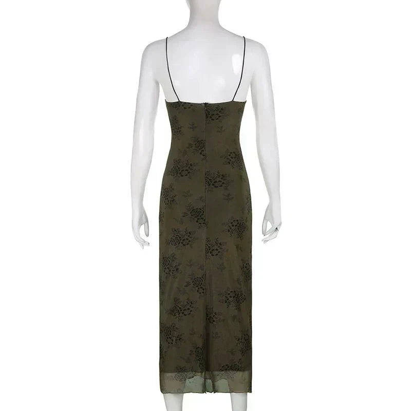 Floral Print Spaghetti Strap Lettuce-Hem Mesh Maxi Dress