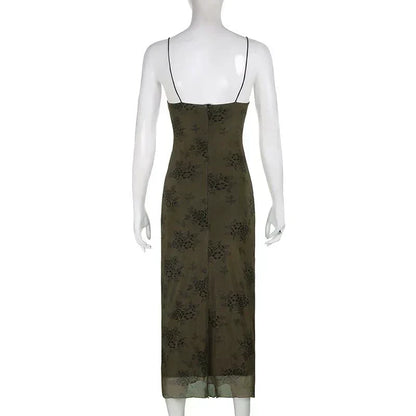 Floral Print Spaghetti Strap Lettuce-Hem Mesh Maxi Dress