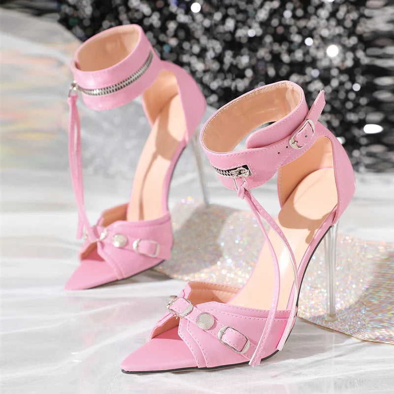 Crystal Clear High Heel Sandals with Tassels and Ankle Strap