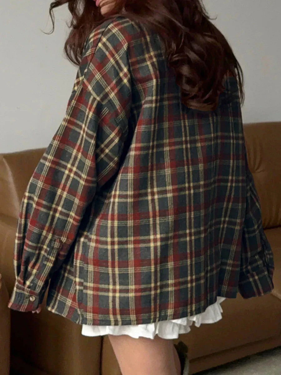 Classic Vintage Plaid Shirts For Women Spring Autumn Single Breasted Long Sleeve Blouse Outerwear Casual Fashion Loose Blouses