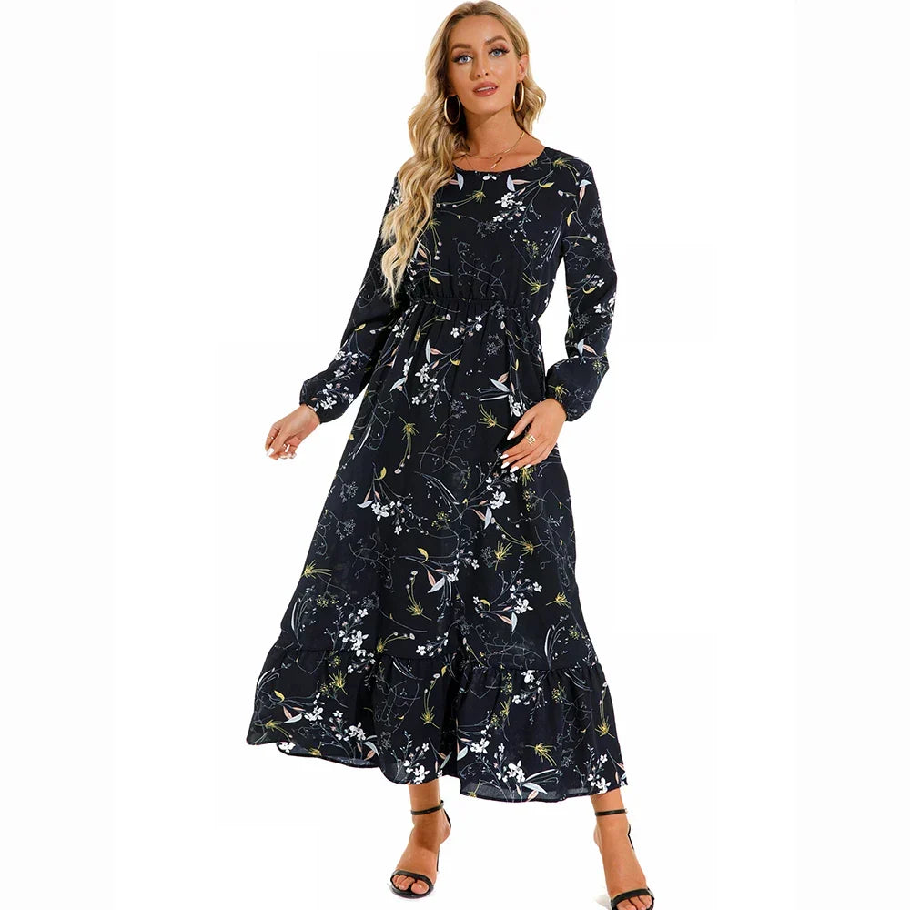 Ditsy Floral Crew Neck Lantern Sleeve Smocked Waist Ruffle Hem Maxi Dress