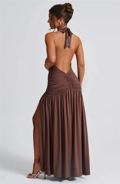 Open Back Solid Thigh High Split Long Dress