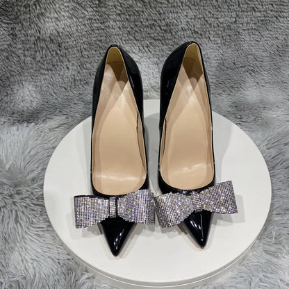 Black Patent Pointy Toe High Heel Shoes with Glitter Diamante Bow for Women
