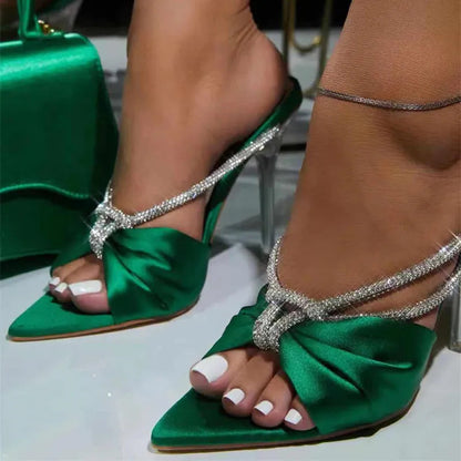 Green Silk Crystal Mule High Heels Slippers Sandals