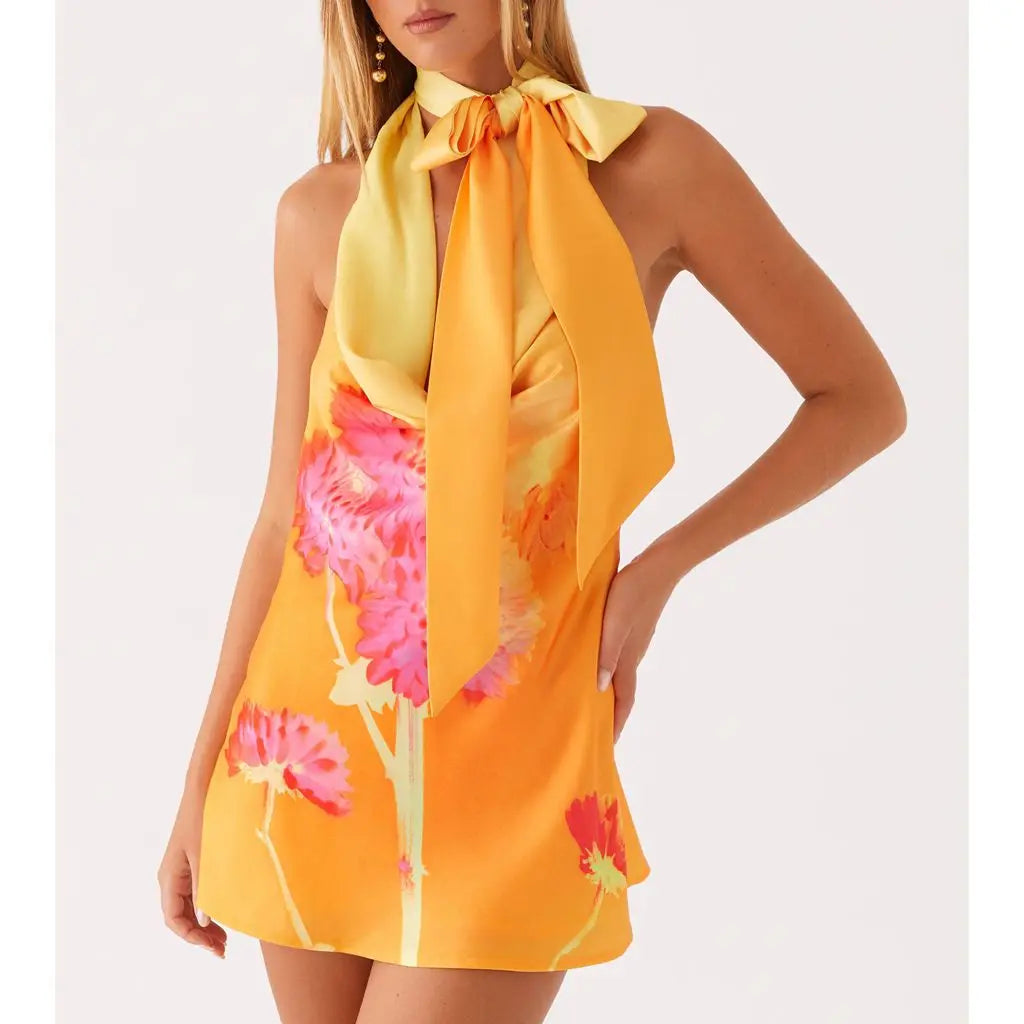 Cowl V-neck Floral A-Line Vacation Dress