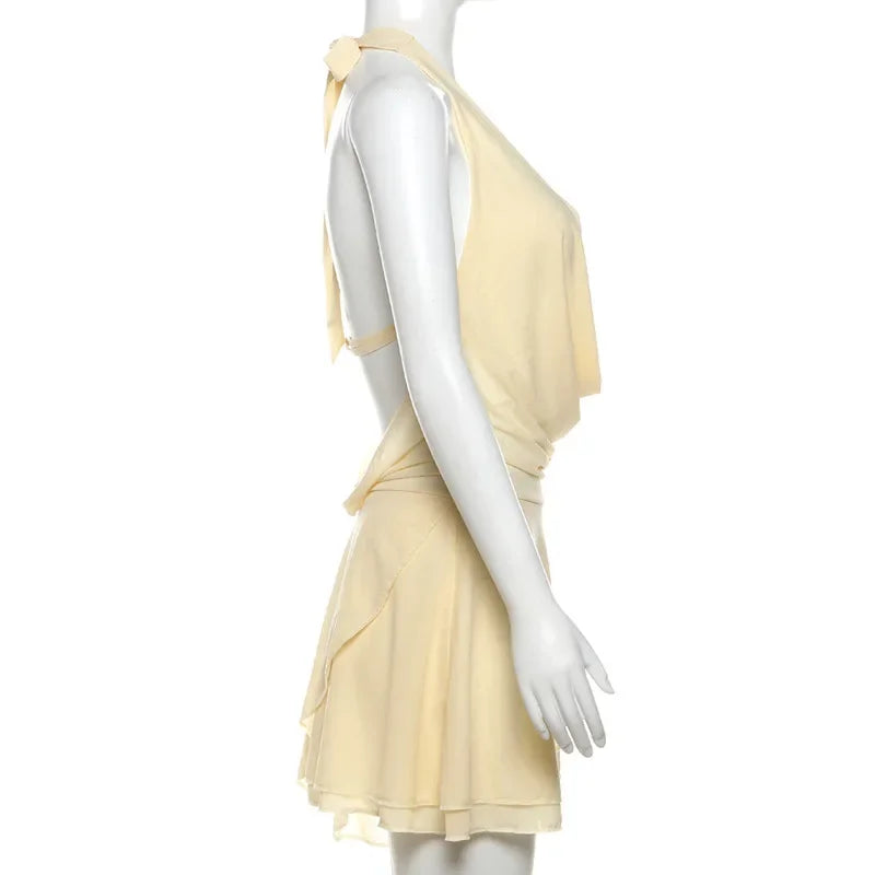 Halter Neck Plunging Cowl Ruffle Layered Hem Mini Dress