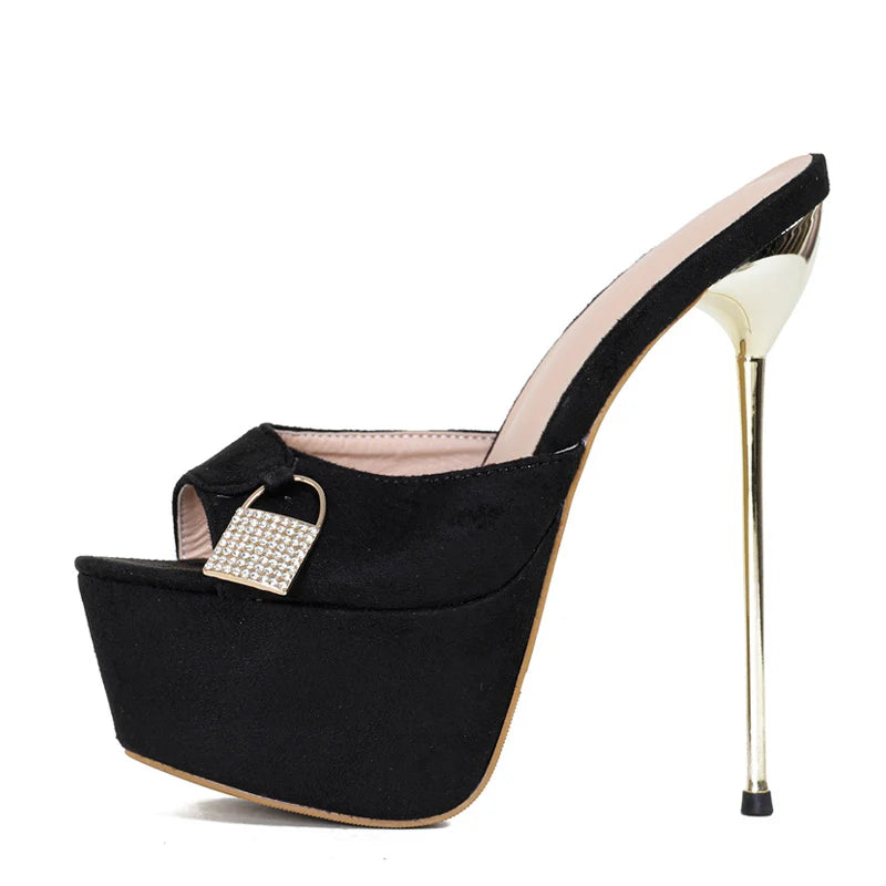 Metal Buckle Platform Slippers with Super Thin High Heels for Women