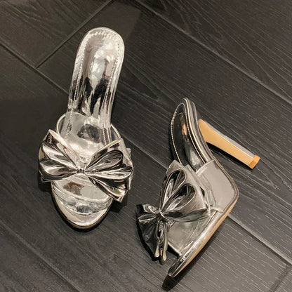 Gold Silver Pointed Toe Women Slippers with Butterfly-knot Thin High Heels