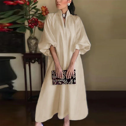 Stand Collar V-Neck Balloon Sleeve Oversized A-Line Maxi Dress