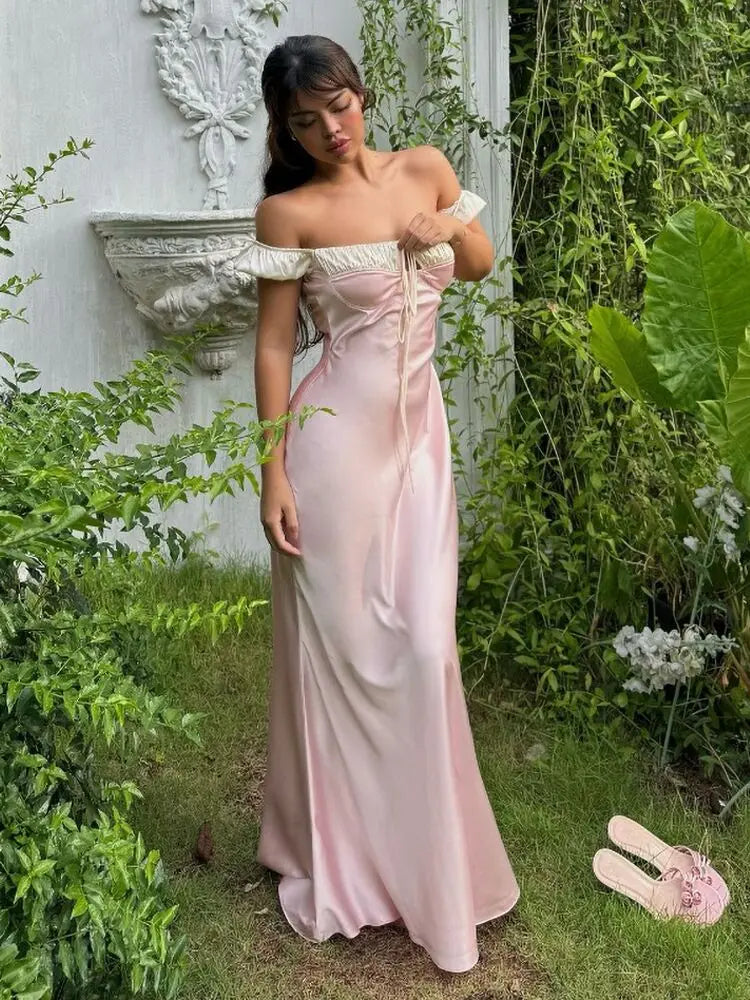 Satin Off Shoulder Ruched Sweetheart Tie Front Puff Sleeve Maxi Gown