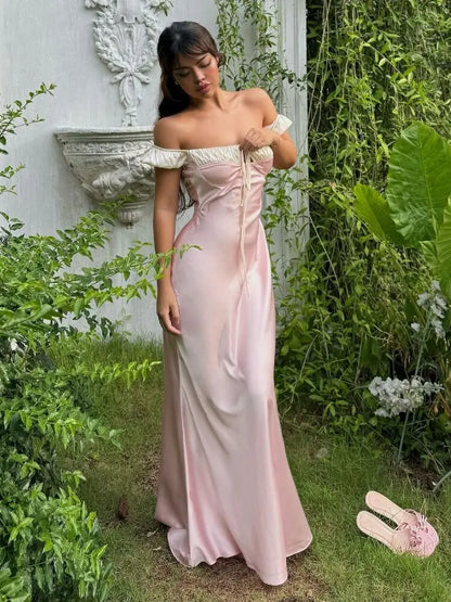 Satin Off Shoulder Ruched Sweetheart Tie Front Puff Sleeve Maxi Gown