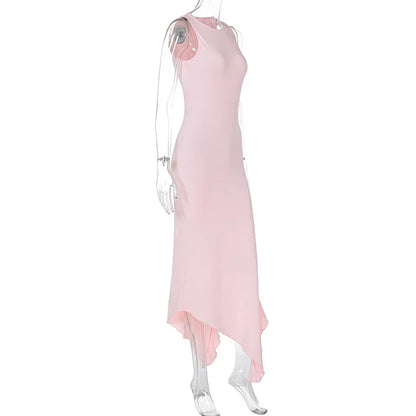 Irregular Ruffle Sleeveless Split Long Dresses