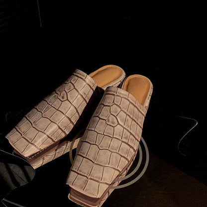 | Leather Croc-Embossed Low Heel Mules