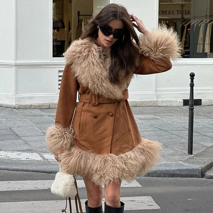 Vintage Furry Faux Fur Women Patchwork Coats Winter Long Sleeve Lapel Female Loose Jacket Casual Pockets Thick Warm Lady Outwear