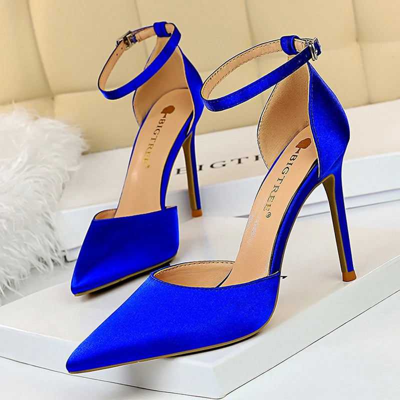 Satin Shallow Pointed Women Pumps with Buckle High Heels