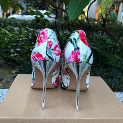 11cm Metal High Heel Women Floral Pointy Toe Stilettos Shoes for Summer