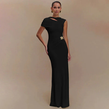 Hollow Out Metal Buckle Solid Short Sleeve Long Dress