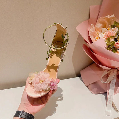 Pink Chiffon Flower Dream High Heels Lace up Sandals