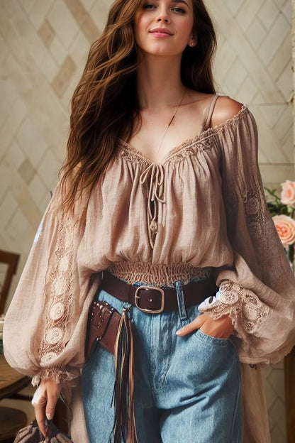 Boho Off Shoulder Lace-up Blouse