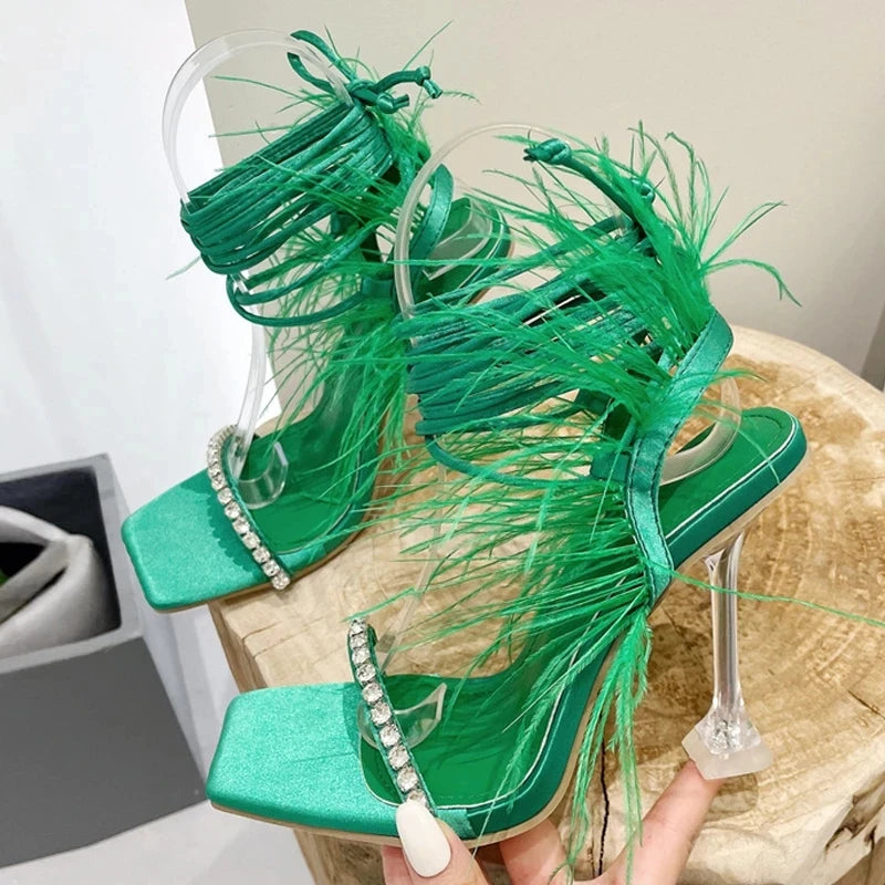 Crystal Womens Sandals with Fuzzy Feather Detail and Transparent High Heels